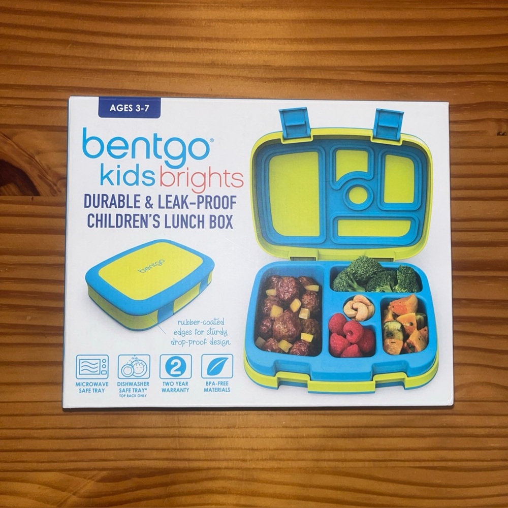 Bentgo Kids brights lunch box in blue and green. BPA Free.
